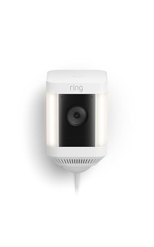 ring spotlight cam plus, plug in (newest model), home or business security with hd video, two way talk, color night vision, and security siren, white