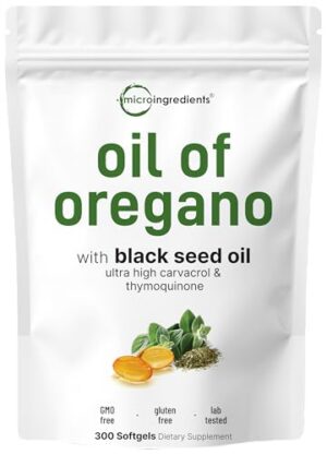 Micro Ingredients Oil of Oregano Softgels, 300 Count | 2 in 1 Formulated with Black Seed Oil | 4X Strength Carvacrol & Thymoquinone | Plant Based, Non-GMO Micro Ingredients Oil of Oregano Softgels, 300 Count | 2 in 1 Formulated with Black Seed Oil | 4X Strength Carvacrol & Thymoquinone | Plant Based, Non-GMO