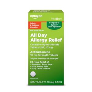 Amazon Basic Care All Day Allergy, Cetirizine Hydrochloride Tablets, 10 mg, 24-Hour Relief for Sneezing, Runny Nose, Itchy Eyes & Throat, Indoor & Outdoor Allergy Relief, 365 Count Amazon Basic Care All Day Allergy, Cetirizine Hydrochloride Tablets, 10 mg, 24-Hour Relief for Sneezing, Runny Nose, Itchy Eyes & Throat, Indoor & Outdoor Allergy Relief, 365 Count