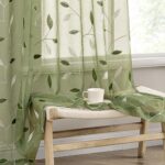 miulee sage green sheer curtains 2 panels embroidered leaf patterned rod pocket floral semi sheer faux linen window curtains drapes set for living room bedroom dining room, 52x84 inches long