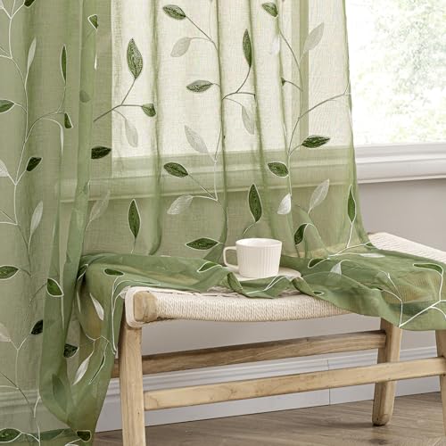 miulee sage green sheer curtains 2 panels embroidered leaf patterned rod pocket floral semi sheer faux linen window curtains drapes set for living room bedroom dining room, 52x84 inches long