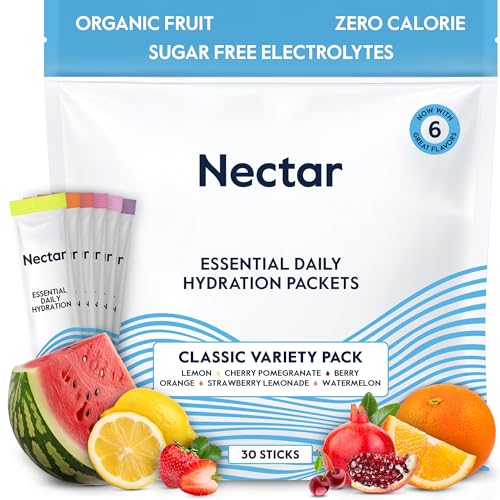nectar hydration packets electrolytes powder packets sugar free & 0 calorie organic fruit liquid daily iv electrolytes powder for dehydration relief and rehydration (variety 30 pack)