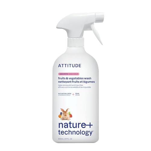 attitude fruit & vegetable wash, unscented food safe produce wash to remove dirt, wax & residue, vegan plant based produce cleaner, 27.1 fl oz