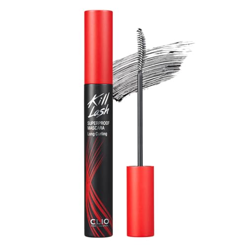 clio kill lash superproof mascara, waterproof lengthening mascara with slim curved brush for straight lashes, smudge resistant long wear, lifted curl and clean separation (001 long curling)