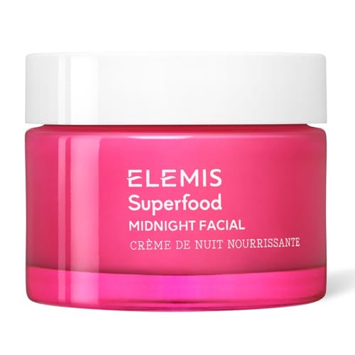 elemis superfood midnight facial lightweight overnight facial cream, prebiotic infused hydrating gel, camu camu moisturizer, omega rich night cream 50ml