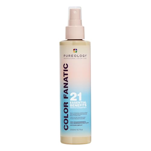 pureology color fanatic leave in conditioner detangler & heat protectant spray, provides hair shine & anti frizz, infused with coconut & camellia oils, for all hair types, color safe & vegan