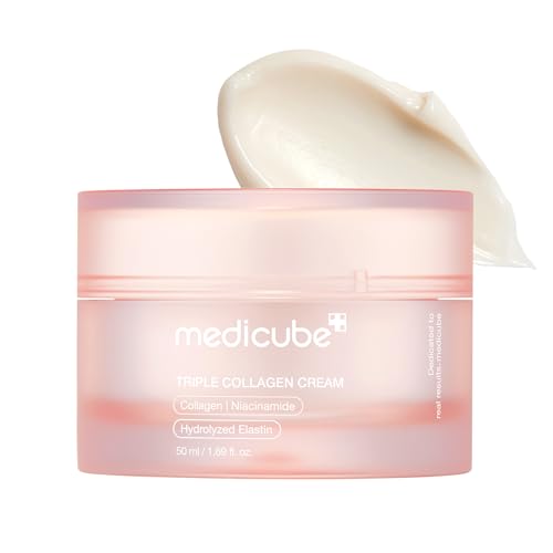 medicube triple collagen cream hydrating & firming moisturizer with hyaluronic acid, premium elastin, shea butter wrinkle care & boosts elasticity korean skincare, 1.69 oz