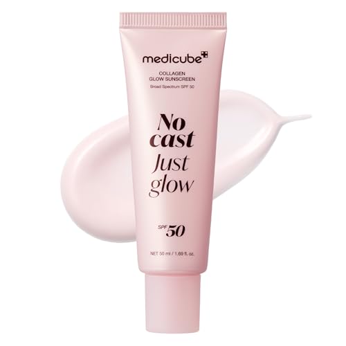 medicube no cast just glow collagen sunscreen | spf 50 broad spectrum face sunscreen | lightweight, non sticky, hydrating formula | peptide, cica for soothing & glow | korean skincare