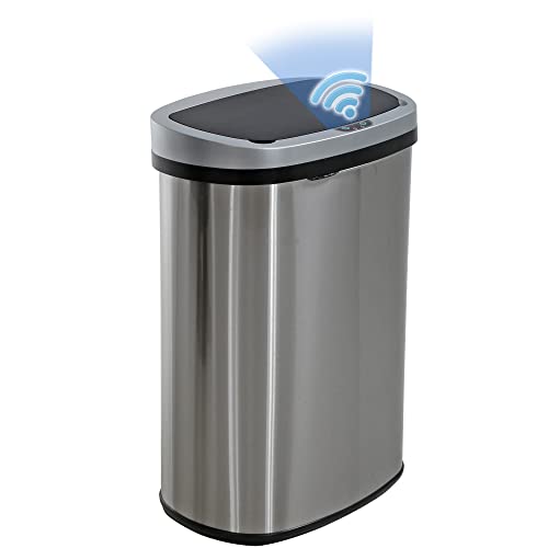 bestoffice | 13 gallon trash can with lid | automatic touchless garbage can | odor control | modern oval design | easy to clean | stainless steel | fits any kitchen, bathroom, office or home