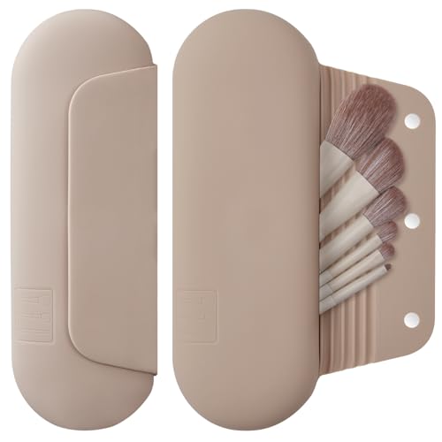 agiket silicone makeup brush holder travel cosmetic bag：soft portable cosmetic face brushes holder with upgrade anti fall out magnetic closure, large travel makeup brush case walnut