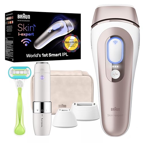 braun skin i expert smart ipl pl7219 at home laser hair removal for women and men with app, premium pouch, venus razor, 2 smart heads, facial trimmer