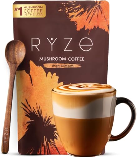 ryze superfoods mushroom medium roast coffee usda organic with 6 adaptogenic mushrooms, usa grown instant coffee for better energy, focus digestion immunity with lions mane & turkey tail 30 servings