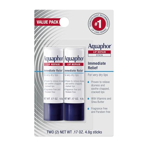 aquaphor lip repair stick, moisturizing lip balm pack, relieves dryness, 0.17 oz stick, pack of 2