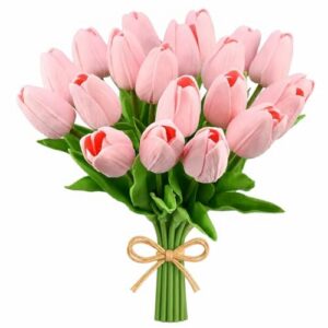 Mandy's Light Pink Artificial Tulips Flowers Centerpiece, 13.5" Lifelike PU Fake Floral Stems 20pcs for Kitchen Island & Dining Table, Spring Decor for Easter