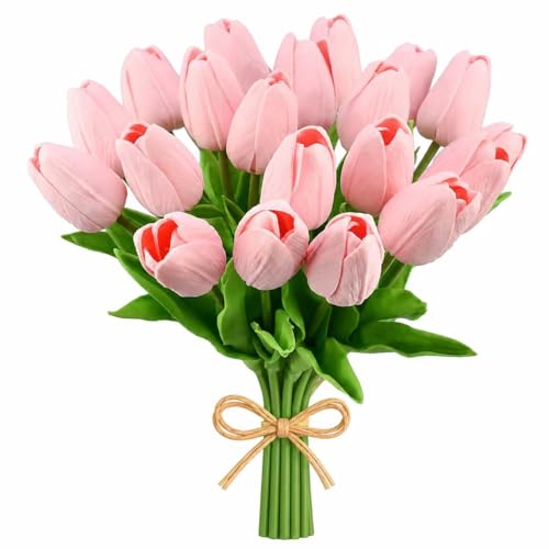 mandy's light pink artificial tulips flowers centerpiece, 13.5" lifelike pu fake floral stems 20pcs for kitchen island & dining table, spring decor for easter