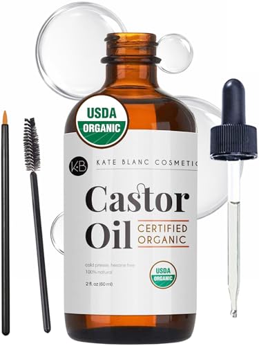 kate blanc cosmetics castor oil organic for hair, lashes, face, skin (2oz), 100% pure, cold pressed, hexane free hair oil. lash serum for thicker looking eyelashes & eyebrows