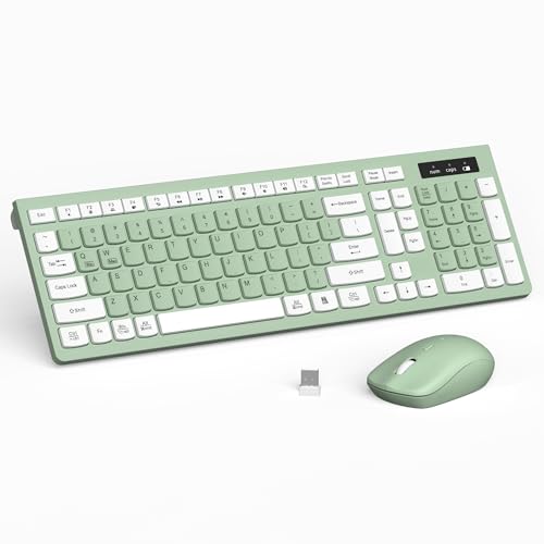 wireless keyboard and mouse combo, 2.4g full size silent keyboard with fn multimedia keys for office and home, 3 level dpi adjustable quiet mouse for windows,mac os desktop/laptop/pc(avocado green)