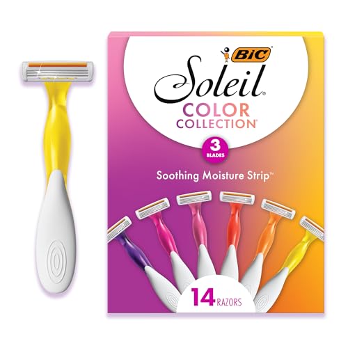 bic soleil 3 colors women's disposable 3 blade razors, aloe vera strip, college dorm room essential, shower caddy and toiletry bag ready, 14 pack
