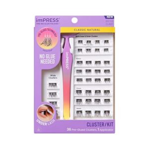 Kiss Impress Falsies Self Adhesive Eyelashes, Press On Lashes, 12mm-14mm Natural Volume Lashes, Black, No Glue Needed, Invisible Band, 36 Lash Clusters & Non-Stick Applicator – Natural