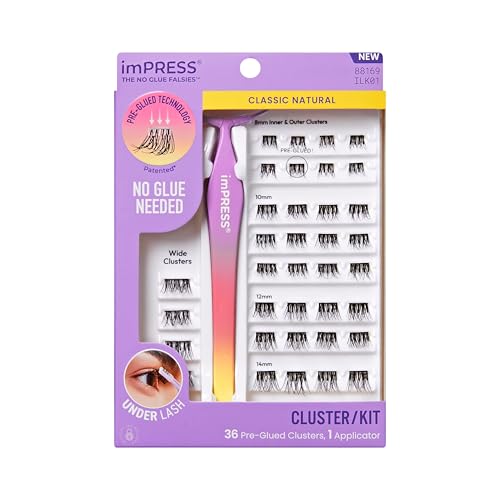 kiss impress falsies self adhesive eyelashes, press on lashes, 12mm 14mm natural volume lashes, black, no glue needed, invisible band, 36 lash clusters & non stick applicator natural