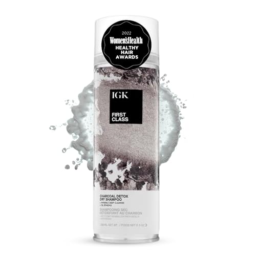 igk first class charcoal detox dry shampoo, volumizing spray for oily hair, absorbs oil + odor, invisible finish with no white residue on all hair colors, talc free + vegan, 6.3 fl oz