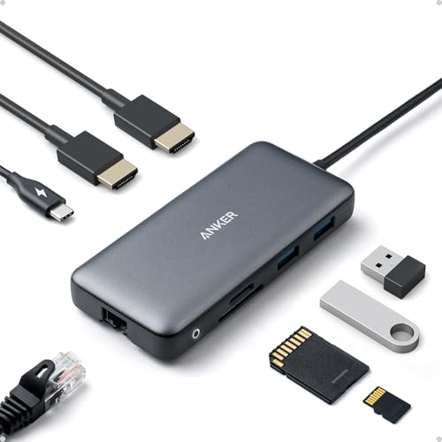 anker laptop docking station dual monitor, 8 in 1 usb c hub, 4k dual monitor with 2 hdmi, 1 gbps ethernet hub, 85w power delivery, sd card reader, for xps and more (charger not included)