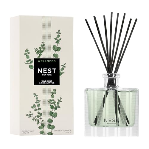nest new york reed diffuser, wild mint & eucalyptus 5.9 fl oz fragrance for up to 90 days reusable, refillable glass holder includes 8 all natural reed sticks flame free