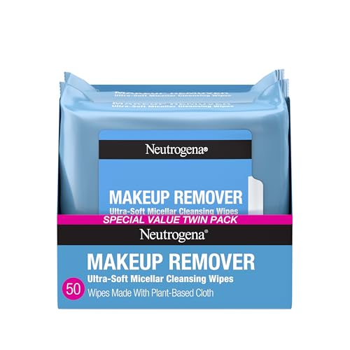 neutrogena makeup remover wipes micellar alcohol free face towelettes remove waterproof mascara & oil, compostable 100% plant based cloth, dermatologist & ophthalmologist tested, twin pack 2 x 25 ct