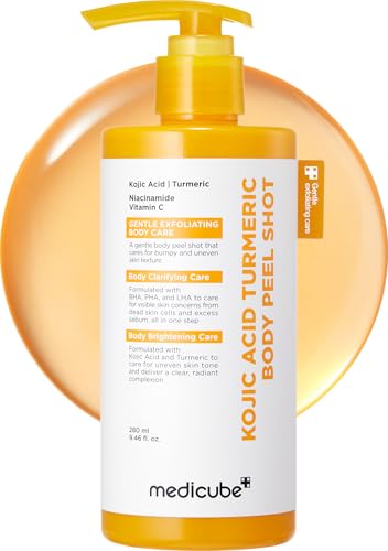 medicube body peel shot with kojic acid and turmeric | gentle body brightening & exfoliating serum with bha, lha & pha for dead skin cells, uneven looking skin & excess sebum | 9.46 fl.oz