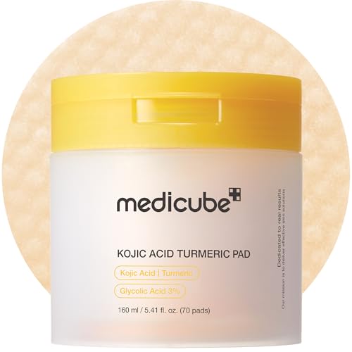medicube toner pads kojic acid turmeric clarifying toner pad for troubled skin & use after spot care, soothing with kojic acid, turmeric, niacinamide, glycolic acid, korean skin care, 70 pads (1 pack)