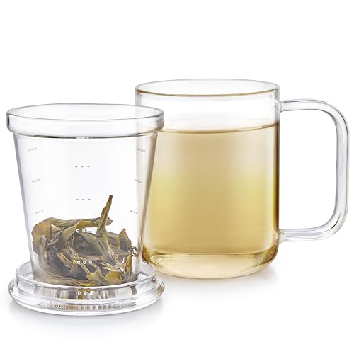 teabloom loose tea microdot glass mug with lid – 12oz single serve borosilicate glass cup with infuser for hot and cold beverages