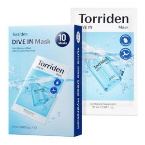 Torriden DIVE IN Hyaluronic Acid Facial Mask (10 sheets) | Deep Hydration Korean Face Sheet Mask | Panthenol & Allantoin | Korean Skincare Mask