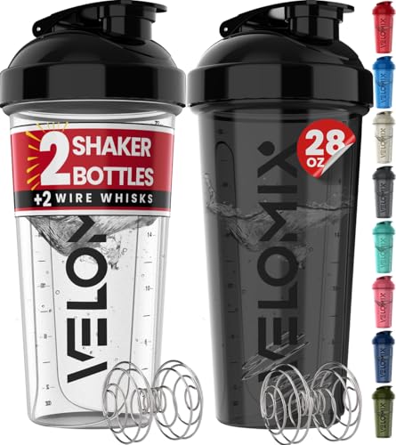 velomix 2 pack 28 oz protein shaker bottles for protein mixes 2x wire whisk | leak proof shaker cups for protein shakes | protein shaker bottle pack (black/transparent) velomix 2 pack 28 oz protein shaker bottles for protein mixes 2x wire whisk | leak proof shaker cups for protein shakes | protein shaker bottle pack (black/transparent)