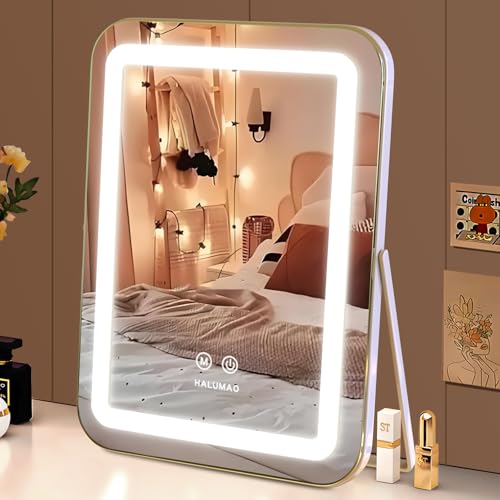 halumao vanity mirror with lights, 14.5" light up makeup mirror, led makeup mirror with lights for bedroom tabletop, smart touch control 3 colors dimmable, 360° rotation