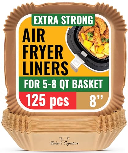 air fryer paper liners, 125pcs air fryer disposable liners, non stick and oil proof for easy cleanup, 8” square for 5 8 qt basket by baker's signature