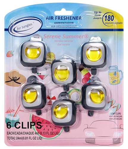 air jungles serene summer scent car air freshener clip, 6 vent clips, 4ml each, long lasting air freshener, up to 180 days car refresher odor eliminator air jungles serene summer scent car air freshener clip, 6 vent clips, 4ml each, long lasting air freshener, up to 180 days car refresher odor eliminator