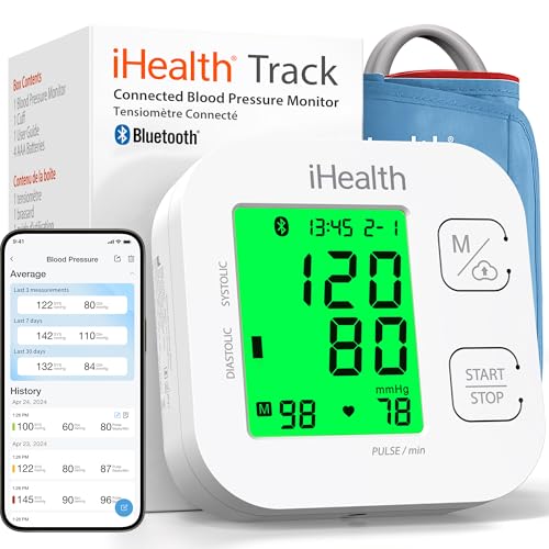 ihealth track smart upper arm blood pressure monitor with wide range cuff that fits standard to large adult arms, bluetooth compatible for ios & android devices