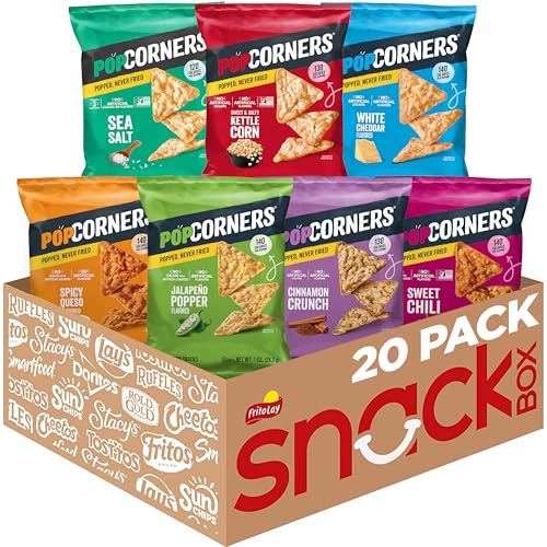 popcorners popped corn chips, 7 flavor variety snack pack, 1 oz bags, (20 pack), gluten free, no artificial colors, no artificial flavors
