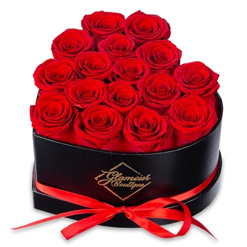 glamour boutique 16 flower forever heart shape box, mothers day gift for mom, eternal preserved roses gift for her, flowers bouquet, for birthday, anniversary, girlfriend red