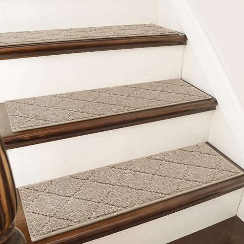 cosy homeer edging stair treads non slip carpet mat 28inx9in indoor stair runners for wooden steps, edging stair rugs for kids and dogs, 100% polyester tpe backing (15pc, beige)
